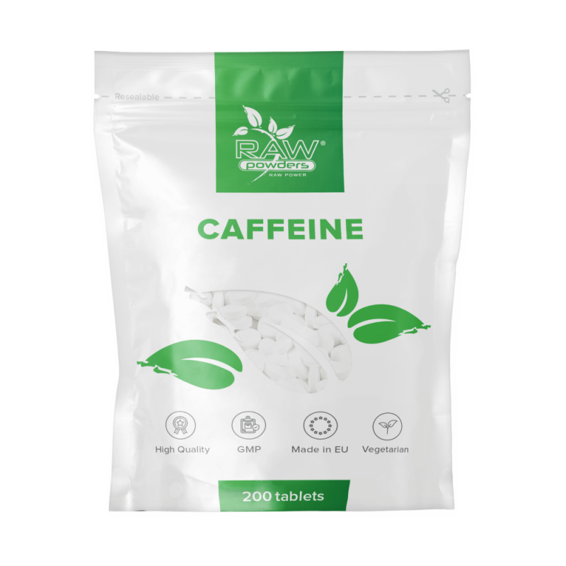 Raw Powders Caffeine 200mg 200 Tablete Beneficii Cafeina: Inlocuitor excelent pentru cafea, ofera multa energie, ajuta la ardere